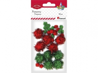 Pompony brokatowe 10/20mm czerwone, zielone 30szt.