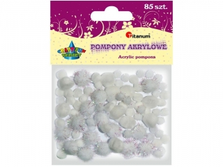 Pompony akrylowe i brokatowe 85szt. mix rozmiarów białe
