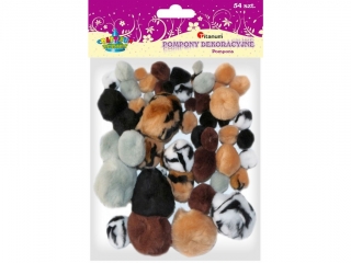 Pompony akrylowe cętki tygrysa i gładkie 54szt. mix rozmiarów i kolorów