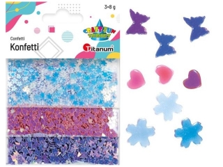 Konfetti kwiaty wiśni 5x5mm perłowe, serca 3x3mm różowe, motyle 4x4mm fioletowe 3x8g