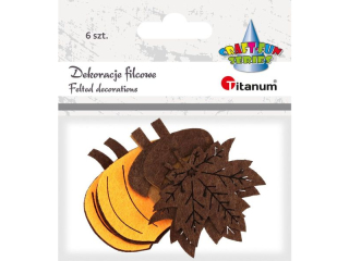 Dekoracje filcowe dynie 3D 50x51mm pomara�czowo-br�zowe, �o��dzie 3D 35x52mm pomara�czowo-br�zowe, li�cie klonu 50x49mm br�zowe 6szt.