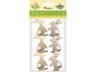 Klamerki drewniane z dekorem naturalne 7x45mm kr�liczki bokiem drewniane 33x55mm z pomponem bia�ym 2 wzory 6szt. TITWLK