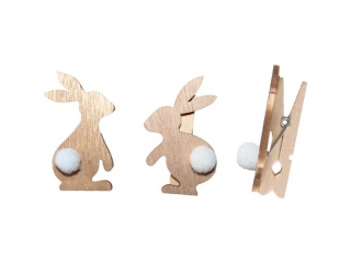 Klamerki drewniane z dekorem naturalne 7x45mm kr�liczki bokiem drewniane 33x55mm z pomponem bia�ym 2 wzory 6szt. TITWLK