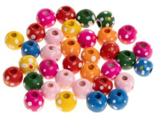 Koraliki drewniane do nawlekania kolor: mix w białe kropki rozmiar: 10 mm lość: 35 szt waga: 11 g