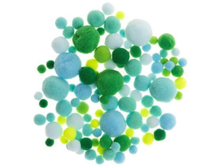 Pompony kolor: odcienie zielonego i niebieskiego rozmiar: 1cm, 1.5cm, 2cm, 2.5cm, 3cm  waga: 20g