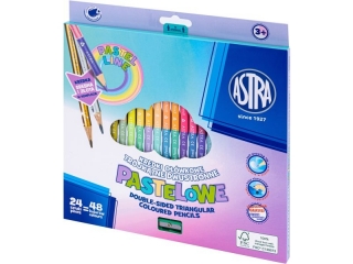 Kredki o��wkowe tr�jk�tne dwustronne pastelowe ASTRA PASTEL LINE - 24=48 kolor�w z temper�wk�, z�oto-srebrna kredka w komplecie  [opakowanie=6szt]