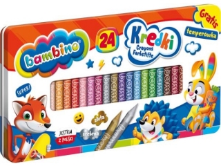 Kredki BAMBINO 24 kolory metalowe pudeko + temperwka ZWIERZAKI UCZNIAKI
