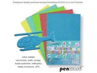 KREATYWNE NAKLEJKI PIANKOWE TRANSPORT BROKATOWE 20,3x31,2cm mix 5 KOLORW