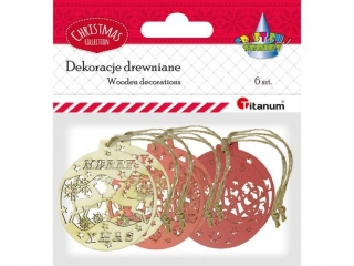 Drewniane zawieszki Bombki kolor z jutowym sznurkiem 3 wzory x 2szt.