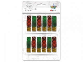 Klamerki drewniane naklejka krata 12x45mm czerwone, zielone 12szt.