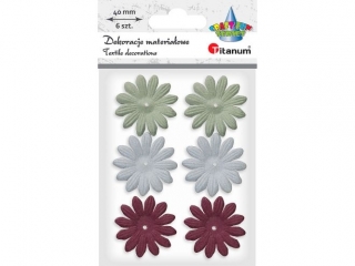 Kwiaty materia³owe t³oczone na piance 3D O40mm 3 kolory 6szt. zielony zgaszony, bladoniebieski, karminowy