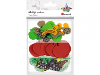 Dekoracje piankowe owoce, warzywa (czosnek 20x28mm, banany 16x36mm, gruszki 25x40mm, jab�ka 45x38mm, winogron 27x52mm, kukurydza 35x42mm) 51szt.