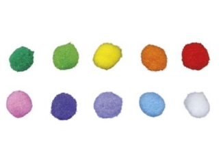 Pompony poliestrowe 20mm mix kolor�w: bia�y, ��ty, pomara�czowy, czerwony, r�owy, wrzosowy, fioletowy, jasnozielony, zielony, b��kitny 60szt.