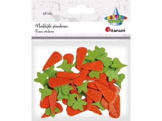 Naklejki piankowe brokatowe marchewki 12x30mm i licie 20x20mm 56szt.