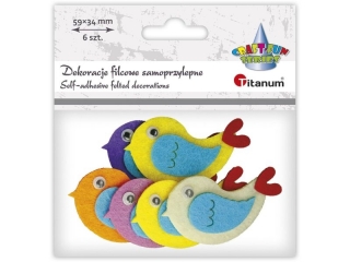 Dekoracje samoprzylepne filcowe 3D ptaszki 70x35mm 6szt. kolory: be�owy, jasnor�owy, pomara�czowy, ��ty, fioletowy TITWLK26