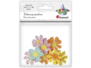Dekoracje filcowe kwiaty O30mm oklejone przezroczystymi kuleczkami 3 wzory 8szt.  kolory: blador�owy, mi�towy, ��ty, pomara�czowy TITWLK26