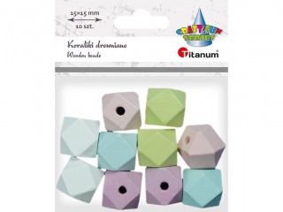 Koraliki drewniane kostki ze �ci�tymi rogami 15x15mm otw�r O3mm kolory pastelowe 10szt.
