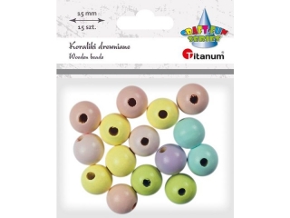Koraliki drewniane okr�g�e O15mm otw�r O4mm kolory pastelowe 15szt.