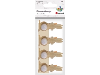 Klamerki drewniane z dekorem naturalne 6x35mm krliczki tyem drewniane 23x48mm z pomponem biaym 4szt.