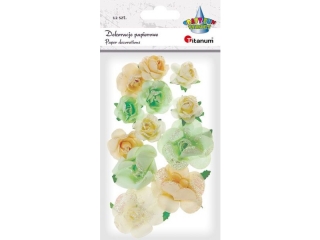 Dekoracje papierowe róże z brokatem seledynowe, beżowe, kremowe 3 rozmiary: O45/35/25mm 12szt. TITWLK26