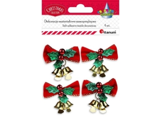 Dekoracje samoprzylepne 3D materia�owe kokardy welurowe z dekoracj� i z�otymi dzwonkami ok. 50x40mm czerwone 4szt.