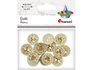 Guziki drewniane O20mm 2 dziurki serce Handmade with love 15szt.