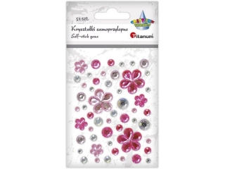 Krysztaki samoprzylepne mix kwiaty, okrge tonacja rowa kwiaty O22/11mm, okrge O10/8/6/4mm 53szt.