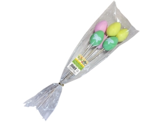 Dekoracje plastikowe jajka na piku 30cm 40x60mm jasno��te, jasnozielone, jasnor�owe z bia�ym nadrukiem motyla 6szt. TITWLK26