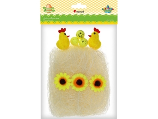 Zestaw dekoracyjny sizal 15g beżowy, 2x kurka styropianowa 33x45mm, 3x jajko styropianowe 15x24mm, 3x materiałowe stokrotki O35mm 9 elementów TITWLK26