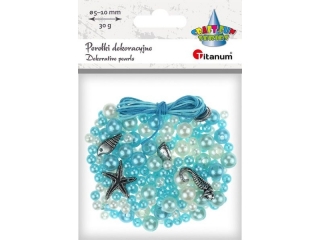 Koraliki plastikowe zestaw do zrobienia bi�uterii tonacja b��kitna pere�ki O10/8/6mm bia�e, b��kitne, metalowe charmsy rozgwiazda 23x21mm, konik morsk