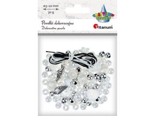 Koraliki plastikowe zestaw do zrobienia bi�uterii tonacja bia�a pere�ki bia�e O8mm, koraliki srebrne O8mm, kwiaty bia�e 6x13mm, charmsy plastikowe ser