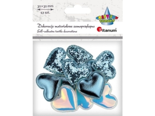 Dekoracje samoprzylepne materia�owe serca PU 32x29mm 3 wzory metaliczne tonacja niebieska 12szt.