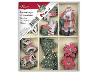 Drewniane dekoracje w drewnianym pudełku 96x110mm 6 wzorów Boże Narodzenie 36szt. Sanki z prezentami, łyżwy, Mikołaj, koń na biegunach, choinka, poins