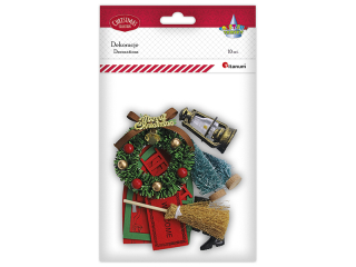 Drewniana dekoracja wejście dla Elfów 15 elementów drzwi 66x100mm, miotła 100mm, drabina 20x60mm, okno 31x46mm, wycieraczka 35x54mm, wianek 75mm, choi