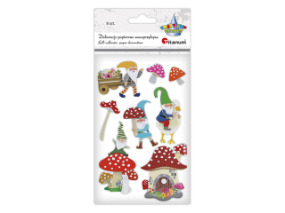 Dekoracje samoprzylepne papierowe 3D krasnale, muchomorki mix rozmiarów 8szt.