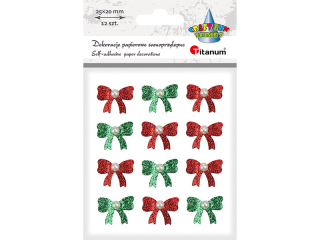Dekoracje samoprzylepne papierowe 3D kokardki 25x20mm z perełką ciemnoczerwone, ciemnozielone 12szt.