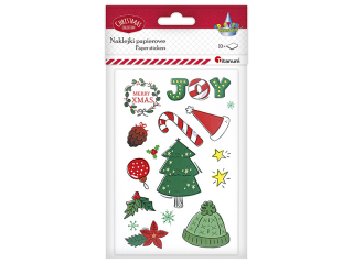 Naklejki papierowe 10 plansz napis Joy, wianek, choinka, czapki, bombki 11 wzorów - 110szt.