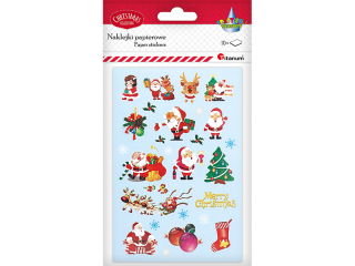 Naklejki papierowe 10 plansz napis Merry Christmas, Mikołaje, renifery, bombki 15 wzorów - 150szt.