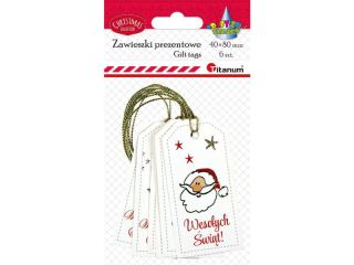 Zawieszki prezentowe z napisem ?Wesołych Świąt? 40x80mm 3 wzory: gwiazdka, głowa Mikołaja, choinka, dwustronny zadruk z miejscem do wypełnienia 6szt.