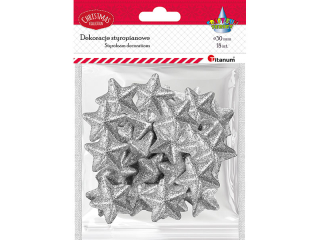 Styropianowe gwiazdki 30x28mm grubość 10mm brokatowe srebrne 18szt.