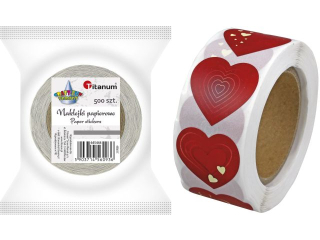 Naklejki papierowe na taśmie 4 wzory serca czerwone 25x25mm 500szt. szerokość taśmy 28mm