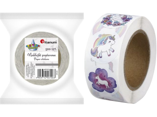 Naklejki papierowe na taśmie 12 wzorów jednorożce O25mm 500szt. szerokość taśmy 27mm
