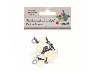 Oczy do maskotek plastikowe O10mm z mocowaniem za pomoc zapinki brokatowe srebrne 8kpl.