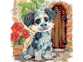 Mozaika piankowa SIEDZCY PIES wymiary planszy do wyklejenia: 25x25 cm, stojak na obrazek