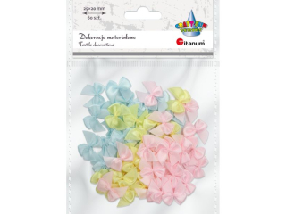Dekoracje materiaowe kokardki 25x20mm satynowe pastelowe  bladorowe, bladomitowe, jasnote 60szt.