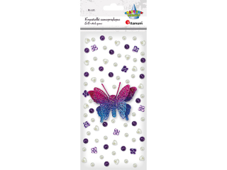 Krysztaki samoprzylepne motyl 3D 75x60mm, motyle akrylowe 10x8mm, kwiatki O7mm, pereki serca 8x8mm, pereki O5, 5mm fioletowe, biae 82szt.