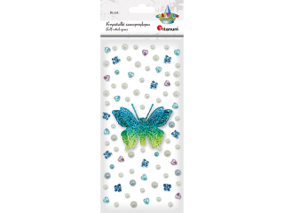Kryształki samoprzylepne motyl 3D 75x60mm, motyle akrylowe 10x8mm, kwiatki O7mm, perełki serca 8x8mm, perełki O5, 5mm turkusowe, błękitne, różowe, bia