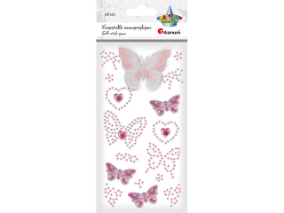 Kryształki samoprzylepne motyle mix (w tym z kryształków 45x37/35x33mm, akrylowe 32x18mm, z muliny na tkaninie 54x45mm, serca 27x25mm) różowe 18szt.
