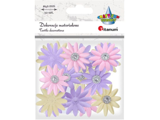 Dekoracje materia�owe kwiaty z kryszta�kiem O40mm wrzosowe, r�owe, ��te 12szt. TITWLK26