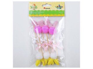 Dekoracje zaj�czki na piku z pompon�w i materia�owych uszu, z kokardk�, 35x50mm ��te, r�owe d�ugo�� piku ok. 105mm 6szt. TITWLK26